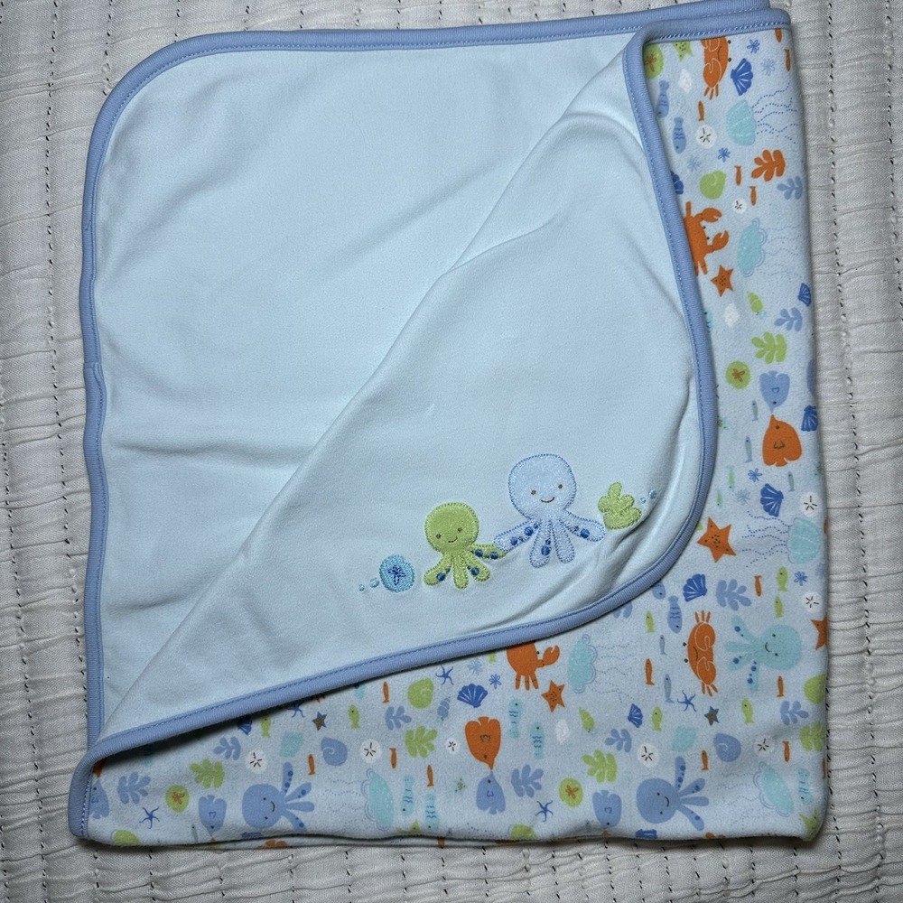 Gymboree Under The Sea Blue Octopus Fish Ocean Reversible Blanket 2006 Vintage